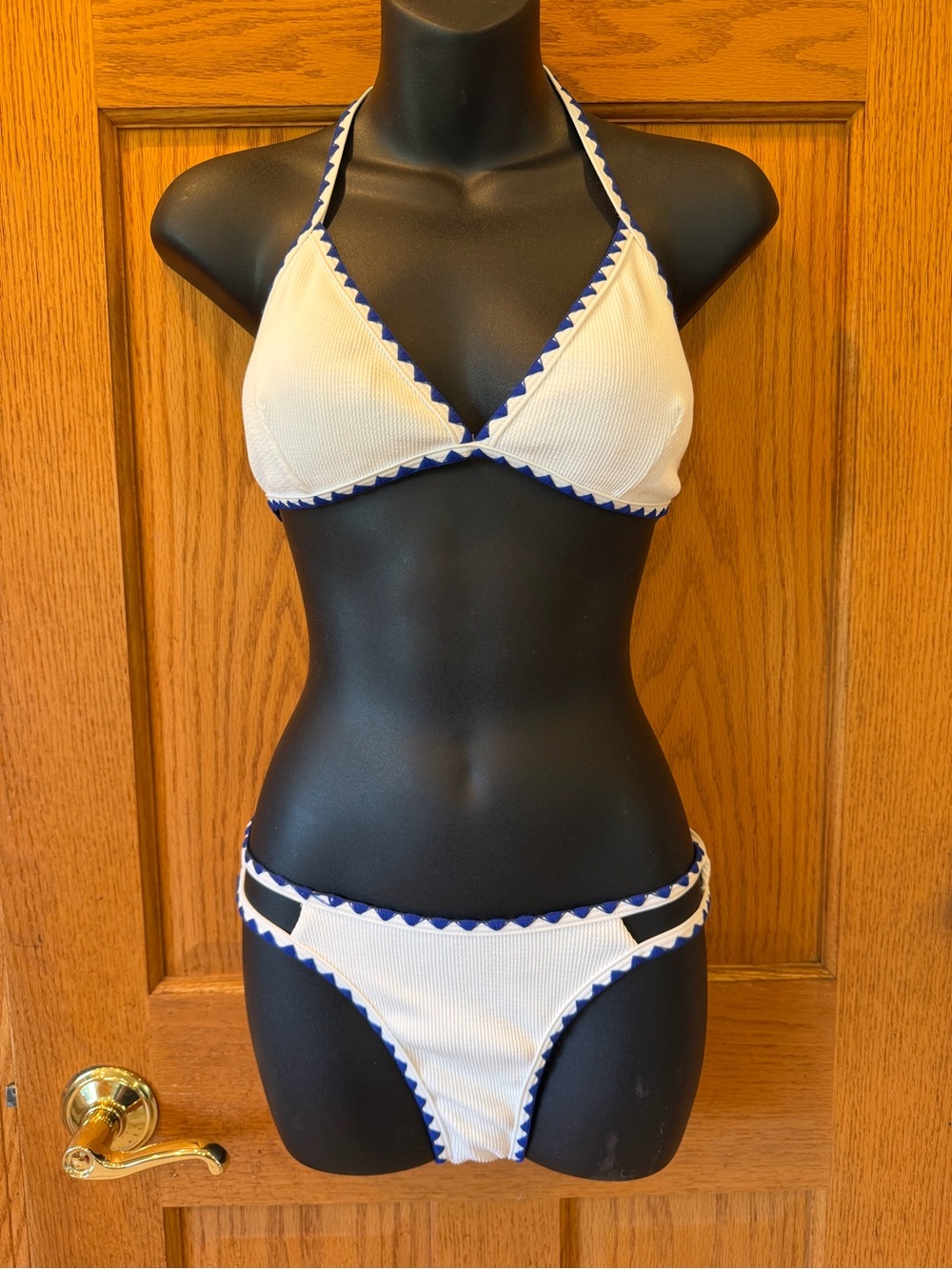 Classic White Bikini with Navy Trim Triangle Top & Mid-Rise Bottoms